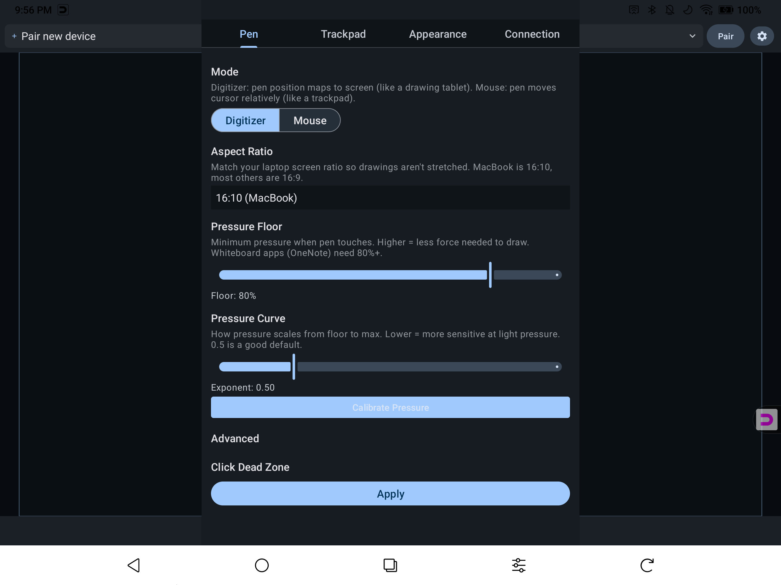 Settings screen